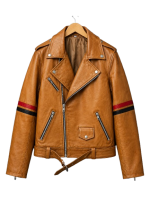 Brown Striped Leather Biker Jacket - Image 3